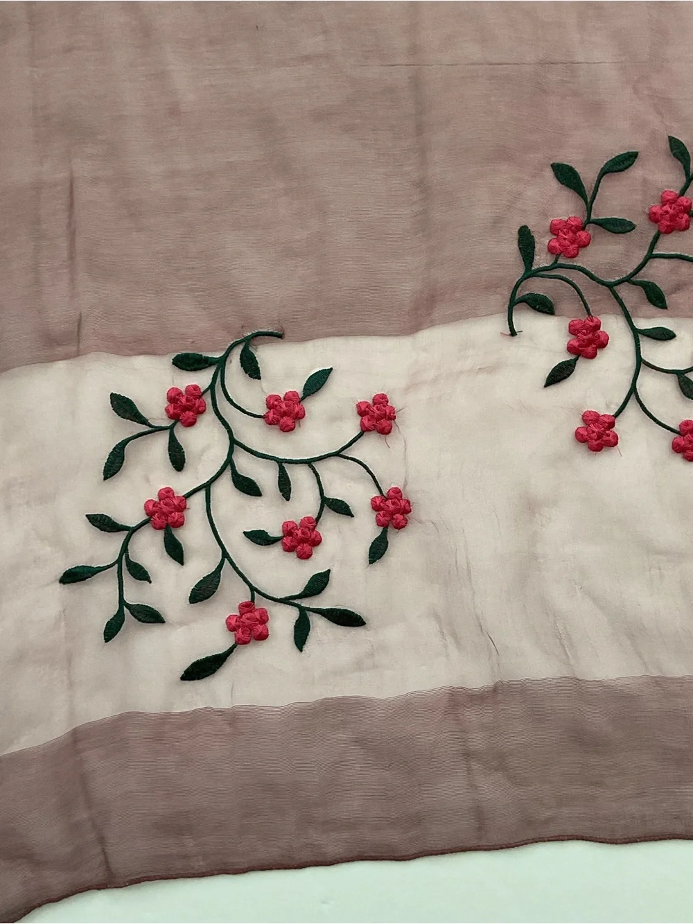 Sheer Floral Embroidered Scarf Silk Wool Blend